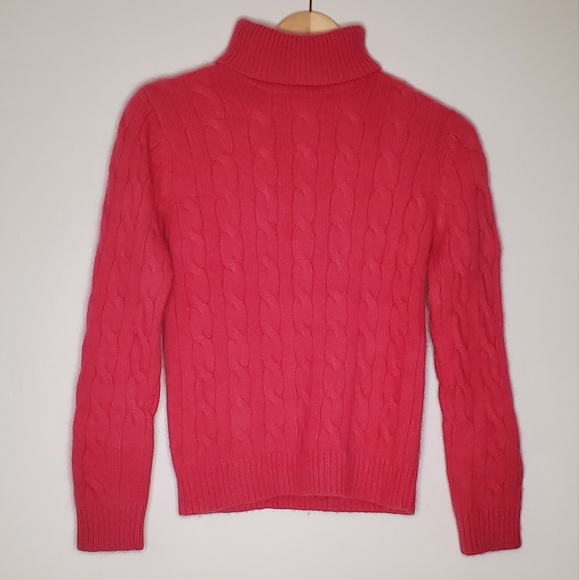 Watermelon Pink Chunky Cable Knit Angora Turtleneck Sweater - Picture 2 of 10